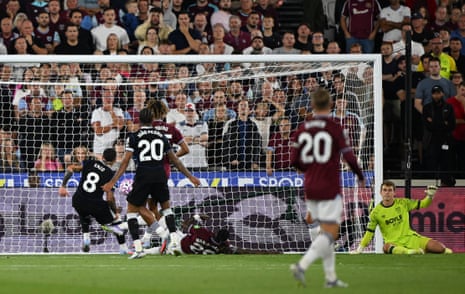 Chelsea’s Enzo Fernandez scores his side’s third goal at West Ham.