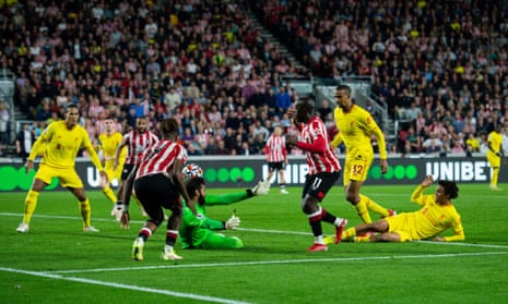 Yoane Wissa scores Brentford’s third goal against Liverpool