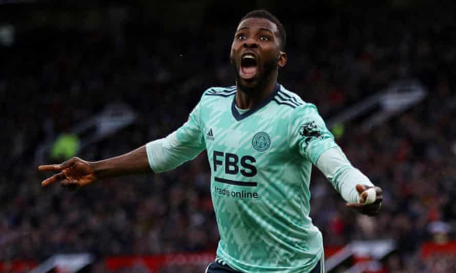 Kelechi Iheanacho celebrates after giving Leicester the lead.