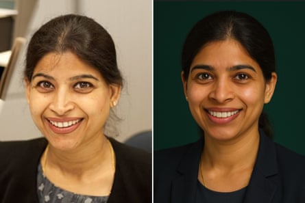 Meena Jha (left) and an avatar of her Neena Chatbot (right), which looks like a higher-resolution image of Jha.