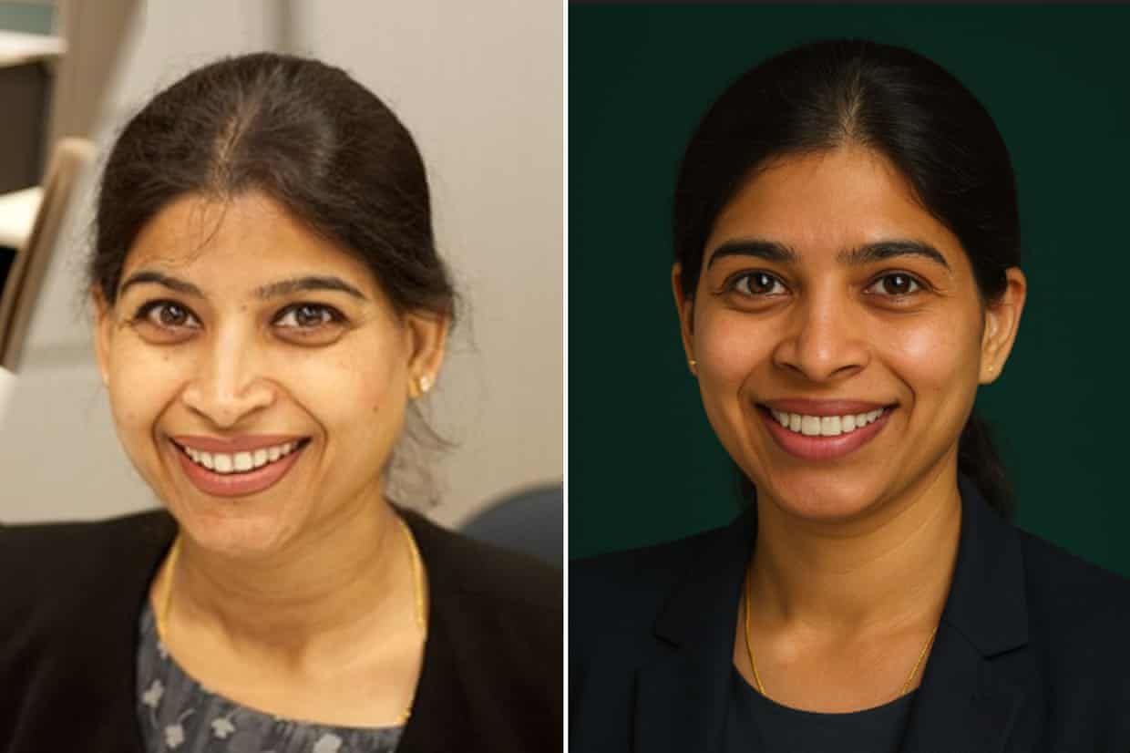 Meena Jha (left) and an avatar of her Neena Chatbot (right), which looks like a higher-resolution image of Jha.