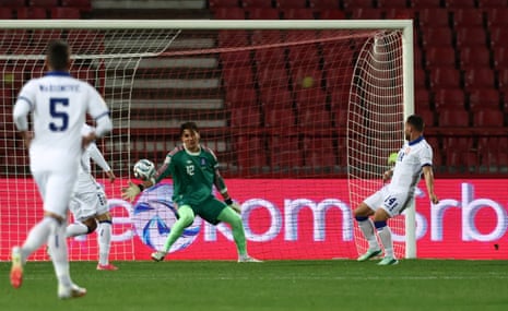 Andrija Zivkovic opens the scoring for Serbia against Greece.