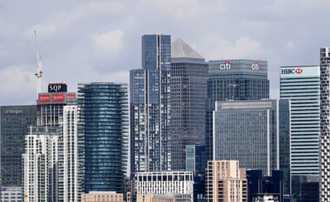 A view of skyscrapers in Canary Wharf.