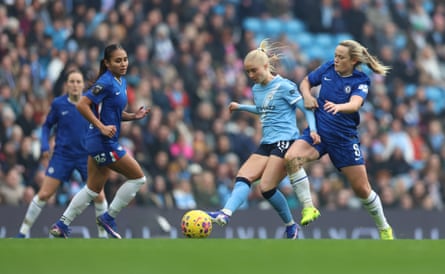 Laura Blindkilde Brown holds off a challenge from Chelsea’s Erin Cuthbert.