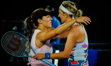 Jessica Pegula (left) congratulates Victoria Azarenka on her quarter-final finish.