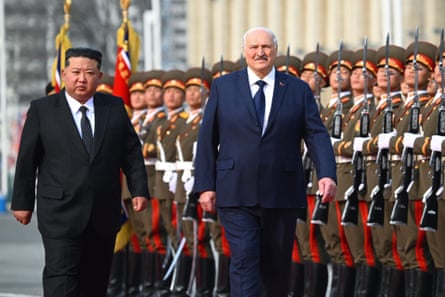 North Korea’s leader Kim Jong-un, left, and Belarusian president Alexander Lukashenko attend an official meeting ceremony in Pyongyang, North Korea, Wednesday, 25 March, 2026.