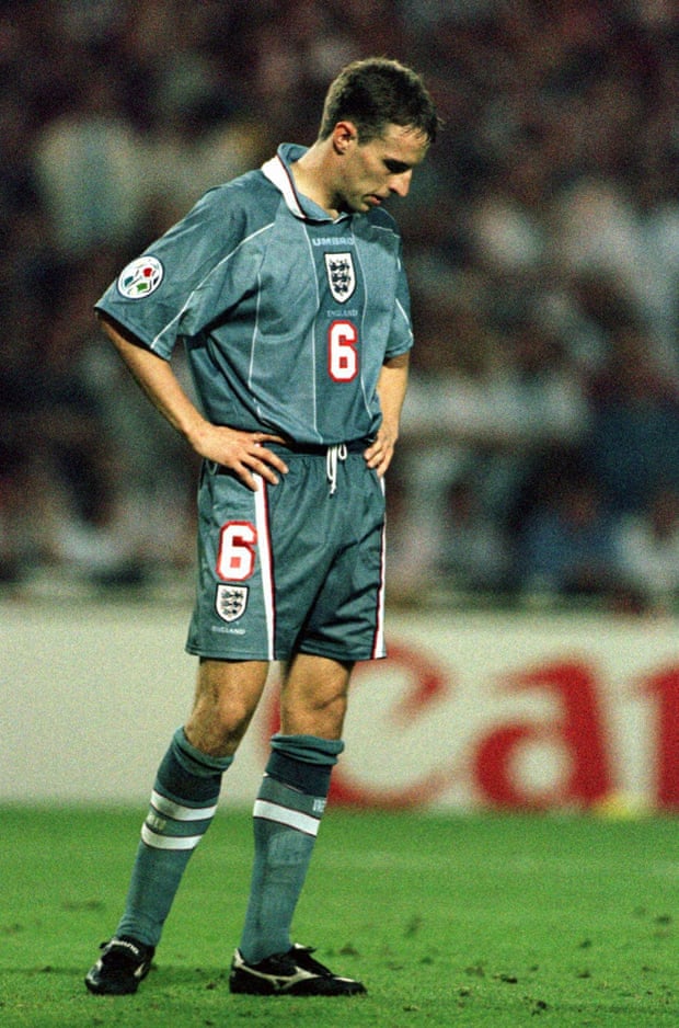 England’s Gareth Southgate bows his head after missing from the spot during the Euro96 semifinal
