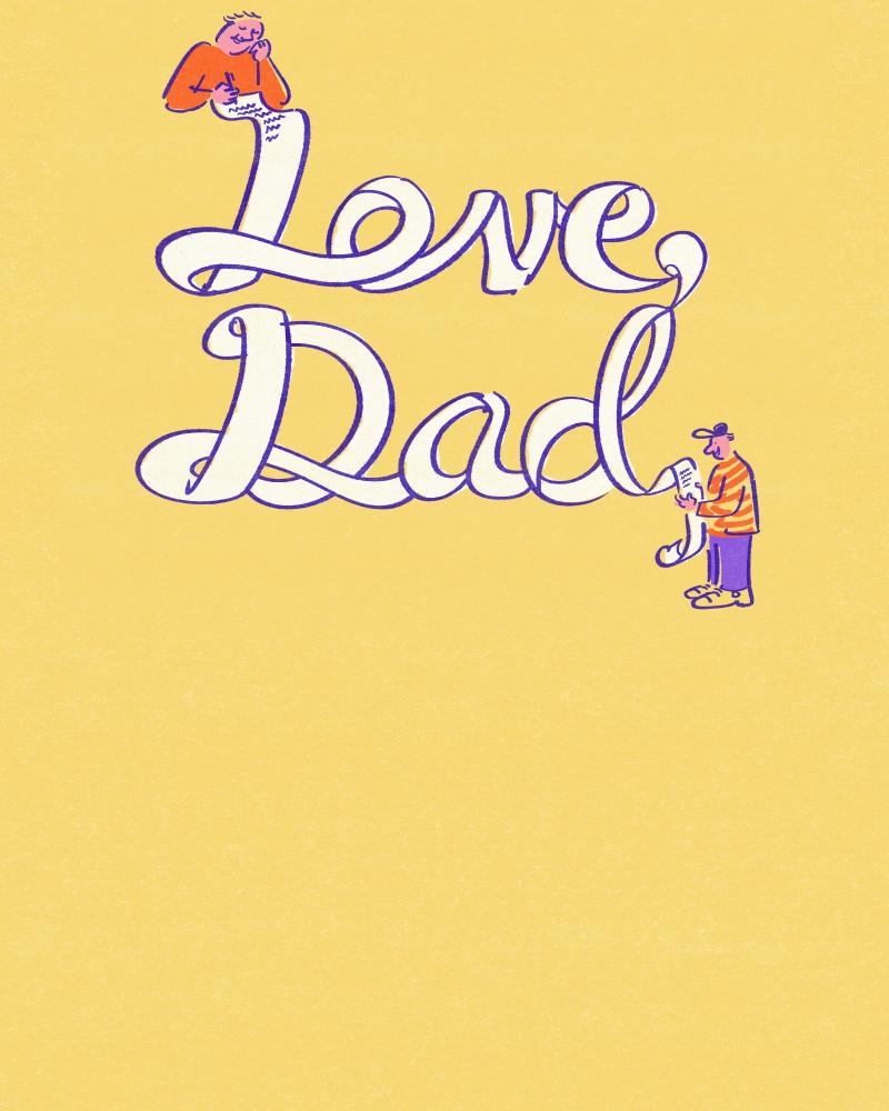 Illustration showing the words "Love Dad" in white being written from a father in the top left of the image to his son in the bottom right of the image, on a yellow background