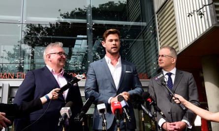 Former NSW arts minister Don Harwin, actor Chris Hemsworth and former federal arts minister Paul Fletcher announcing $24.1m in grants for Thor: Love and Thunder in July 2019.