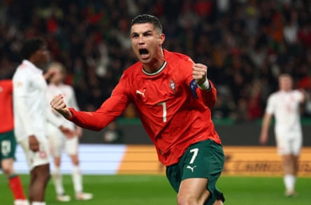Cristiano Ronaldo wheels away, punching the air, after scoring against Denmark in the Nations League last March