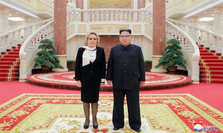North Korean leader Kim Jong-un meeting with Valentina Ivanovna Matvienko, chairwoman of the Russian Federation Council, at the office building of the WPK Central Committee in Pyongyang.