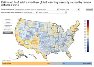 American awareness of human-caused global warming, by county.