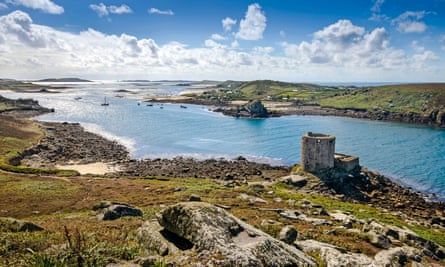 The 17th-century fort known as Cromwell’s Castle and view across Scilly from the island of Tresco.