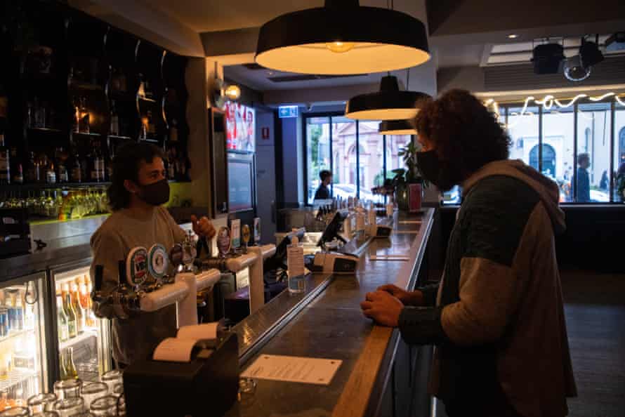 The Bank hotel in Newtown. Despite a queue outside the door, the pub was not crowded due to Covid restrictions.