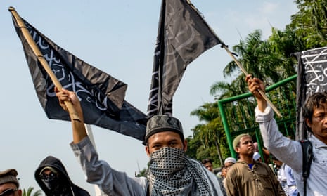 Indonesian Muslims take part in a protest in July 2017