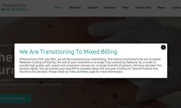 Screengrab of an announcement on Sunshine City Medical Centre’s website of a transition to mixed billing