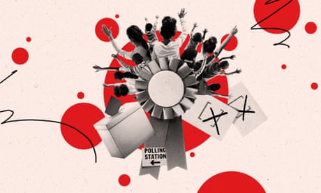 illustration: abstract collage of children, voting cards and political rosettes