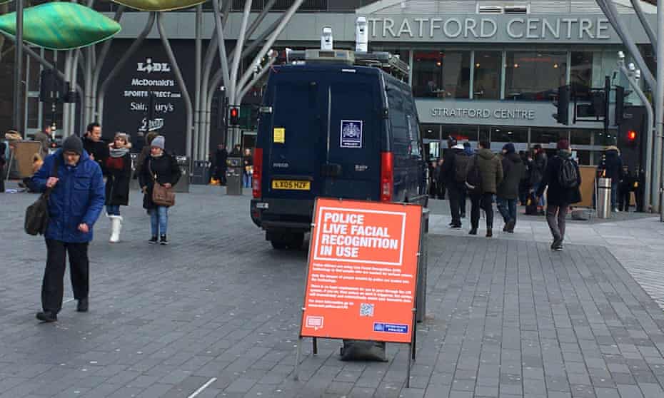 Police deploy their live facial recognition technology outside the Stratford Centre.