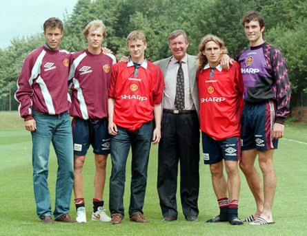 Alex Ferguson shows off his summer signings in 1996: Ronnie Johnsen, Jordi Cruyff, Ole Gunnar Solskjær, Karel Poborsky and Raymond van der Gouw.