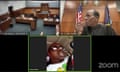 A composite of three images of screenshots, one of an overhead view of a courtroom, one of a Black middle-aged judge, and one of a Black middle-aged man wearing sunglasses and a T-shirt in the front seat of a car.