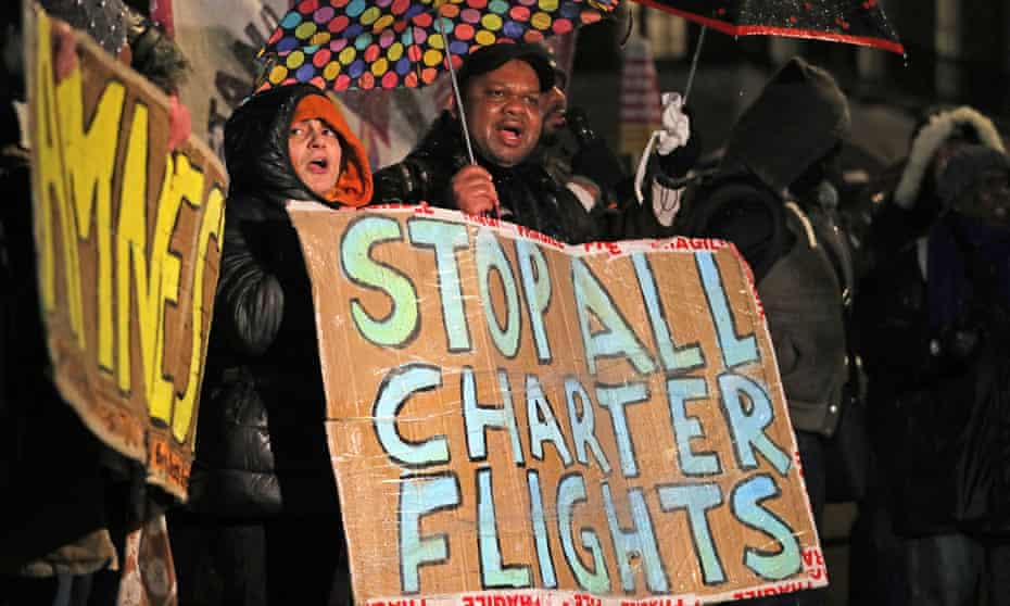 People protest outside Downing Street against a deportation flight to Jamaica in February