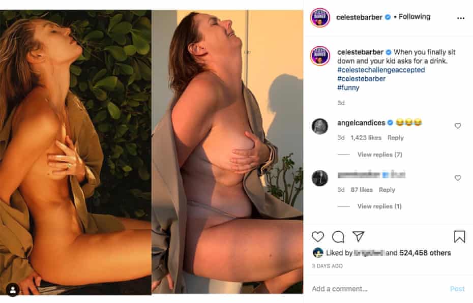 Instagram screenshot of Celeste Barber next to Candice Swanepoel instagram image.