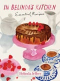 Cover of the book In Belinda's Kitchen by Belinda Jeffery featuring an illustration of a cake with chocolate icing, decorated with strawberries, on a pink cake stand.