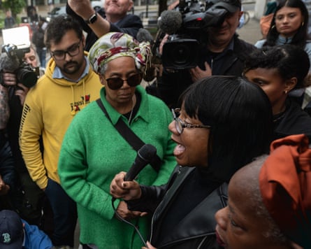 Diane Abbott addresses her supporters and the media on the steps of Hackney town hall on 29 May 2024