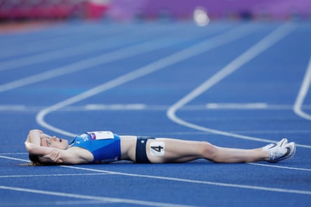 Scotland’s Laura Muir reacts after the finish of the women’s 800m final, where she took bronze.