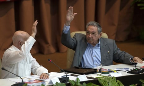 President Raúl Castro, right, and José Ramón Machado Ventura, second secretary of the central committee, vote during a session of the seventh congress of the Cuban Communist party in Havana on Monday.