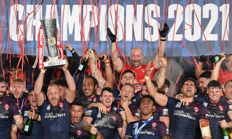 St Helens players celebrate after winning their third straight Super League title. St Helens players celebrate after winning their third straight Super League title.
