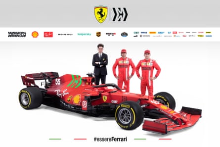 Charles Leclerc and Carlos Sainz with Ferrari’s team principal, Mattia Binotto and the new SF21 Scuderia Ferrari.