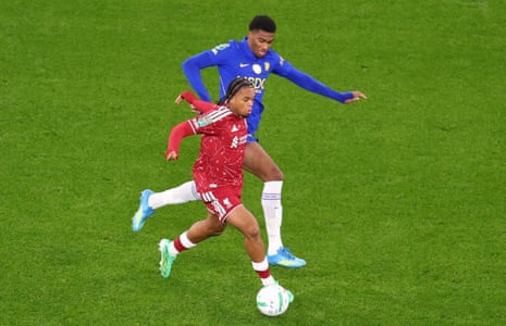 Rio Ngumoha runs clear of Josh Acheampong.