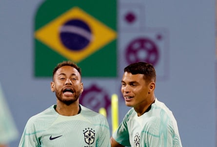Neymar and Thiago Silva during training.
