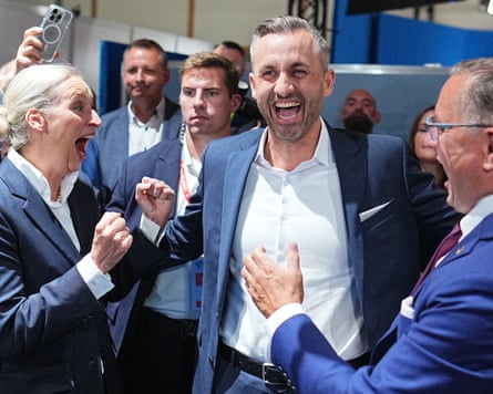 Ulrich Siegmund (centre) head of the AfD state parliamentary group in Saxony-Anhalt, celebrates his party’s election win with parliamentary leaders Alice Weidel (left) and Tino Chrupalla (right).