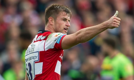 Henry Trinder celebrates one of his two tries in Gloucester’s win over Northampton in the Premiership at Kingsholm