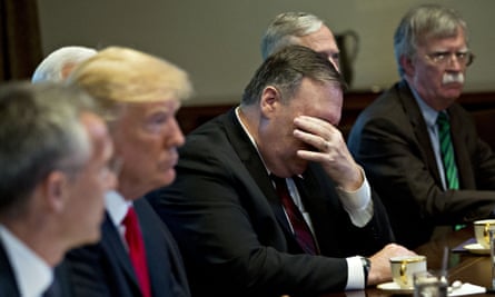 Trump in a White House meeting with Mike Pompeo (middle), John Bolton, (far right) and the Nato chief Jens Stoltenberg (far left).
