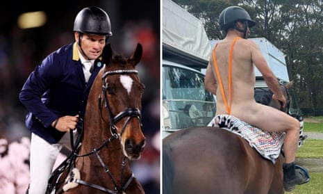 A composite image of Shane Rose on his horse Virgil at the Tokyo Olympics and wearing a mankini on horseback