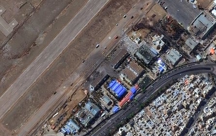 Aerial view of destroyed buildings