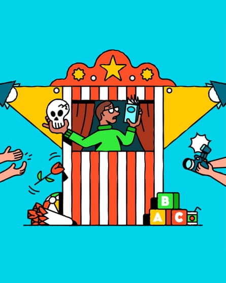 An illustration of a man standing in a puppet show booth holding a book in one hand and a skull in the other