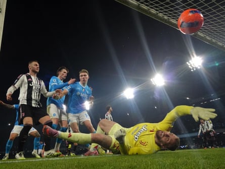 Napoli’s Rasmus Hojlund (third left) scores his second against Juventus