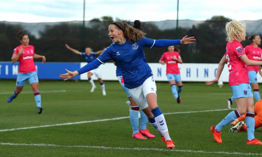 Nicoline Sørensen celebrates scoring for Everton against West Ham earlier in the Women’s Super League season.