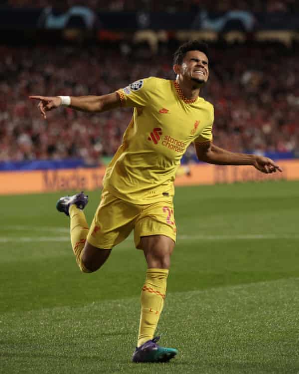 Luis Díaz comes up trumps for Liverpool against old foes Benfica | Champions League 1 Luis Díaz wheels away after scoring Liverpool’s third goal.