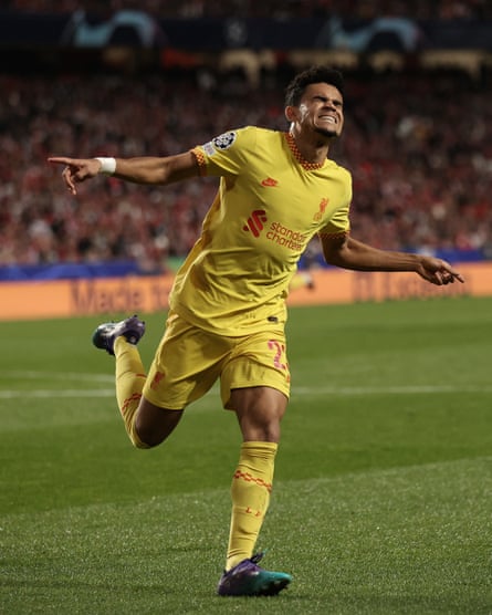 Luis Díaz wheels away after scoring Liverpool’s third goal.