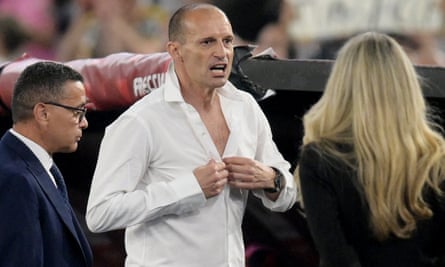 Juventus coach Massimiliano Allegri rages and unbuttons his shirt after being shown a red card by referee Fabio Maresca