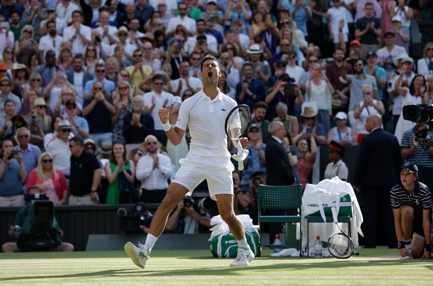 Novak Djokovic celebrates his semi-final victory over Cameron Norrie on Centre Court.