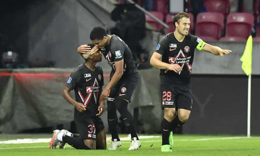 Raphael Nwadike celebrates scoring the winner for Midtjylland