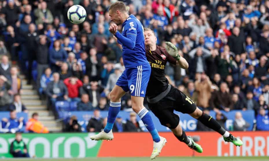 Leicester City’s Jamie Vardy scores their second goal.