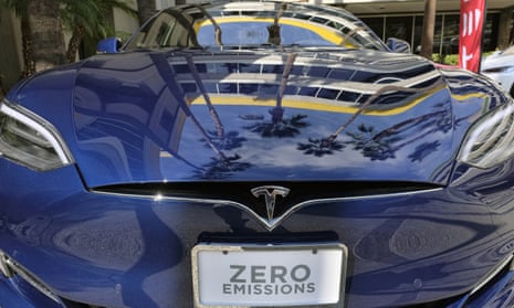 A Tesla Model S on display in downtown Los Angeles.