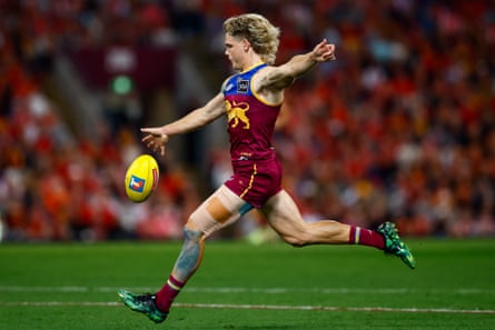 Will Ashcroft lets fly for Brisbane Lions in their AFL semi-final against Gold Coast Suns